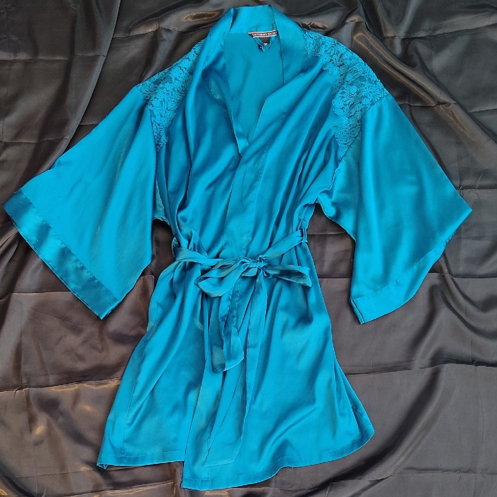 Victoria's Secret Teal Satin Robe with Lace